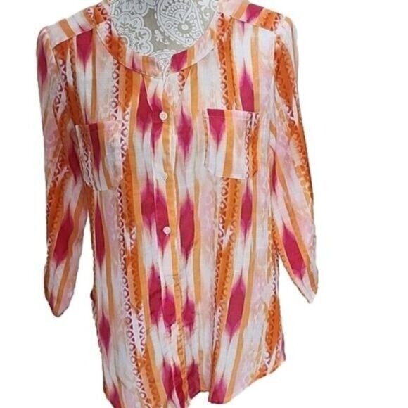 I N Studio women's pink, orange, and white button down, Medium - Picture 1 of 9